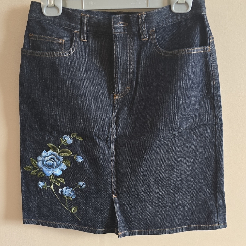 Ann Taylor Dark Denim Pencil Skirt with Blue Floral Embroidery